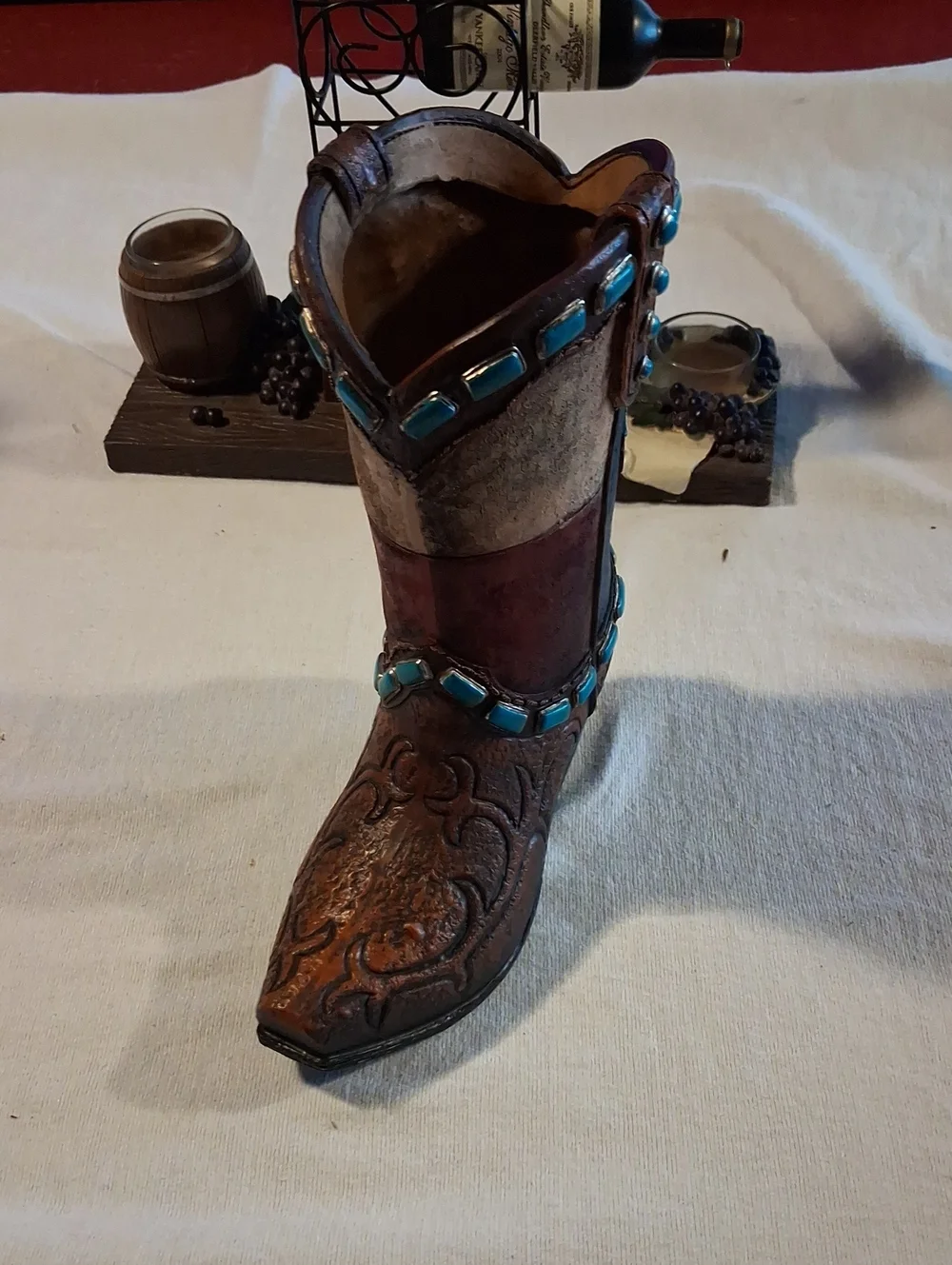 Decorative Western Boot Vase in Brown with Turquoise Accents